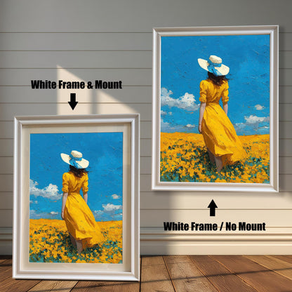 A side-by-side comparison of a framed art print. The left image shows the print in a thick white frame with a white mat, and the right image shows the print in a thinner white frame without a mat.