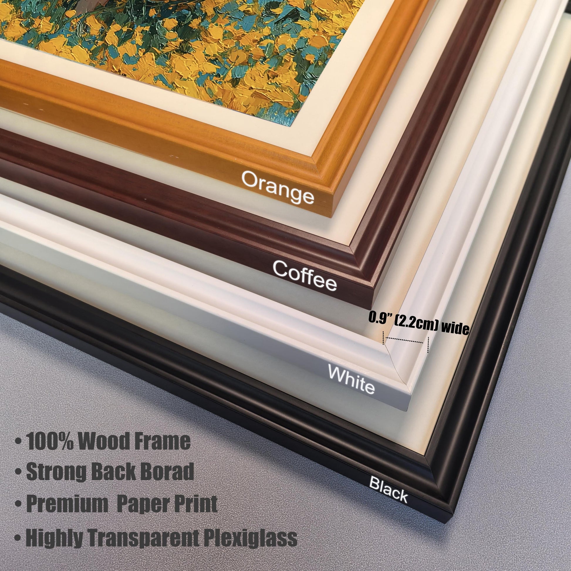 A close-up stack of different colored frames: orange, coffee, white, and black. Text lists features like "100% Wood Frame" and "Highly Transparent Plexiglass."