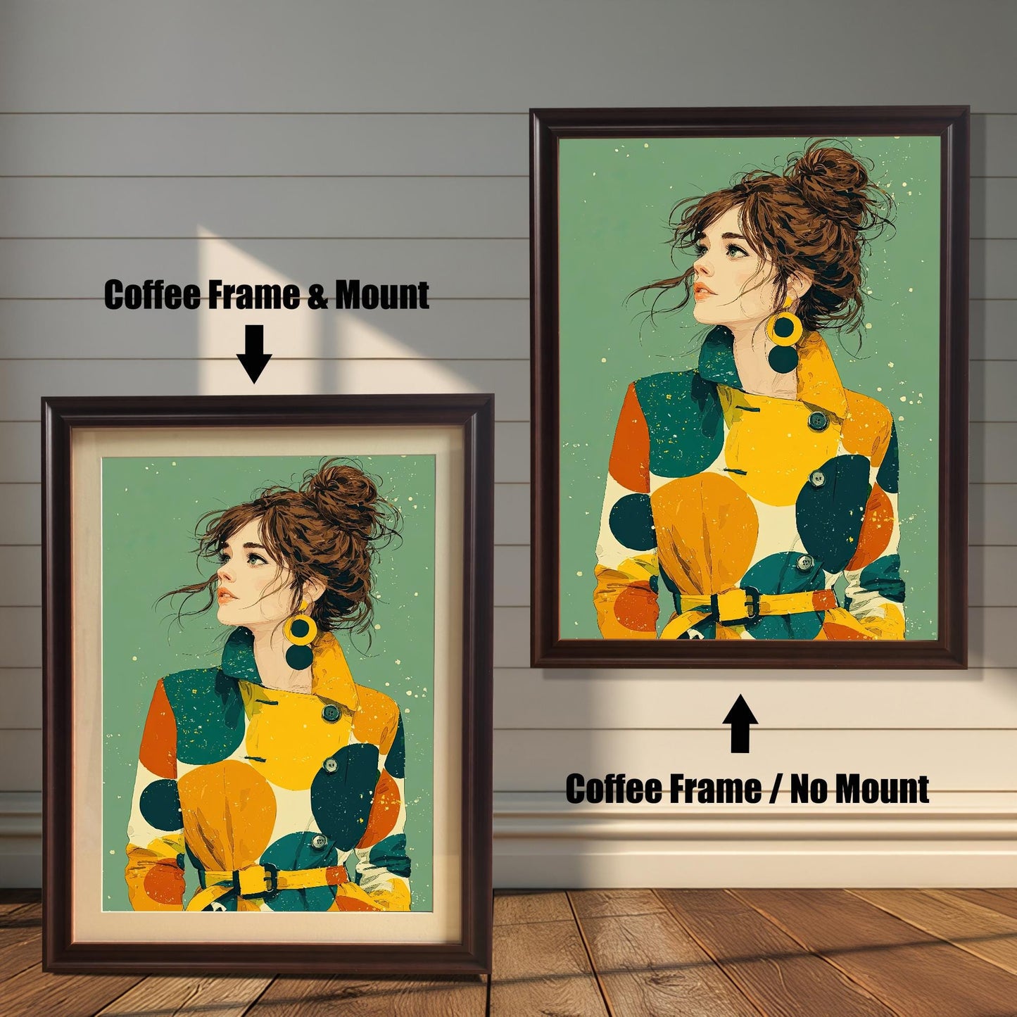 Two framed art prints on a wood floor against a white wall. The left has a coffee-colored frame with a mount, and the right has a coffee-colored frame without a mount. Both feature a portrait of a woman in a colorful coat.