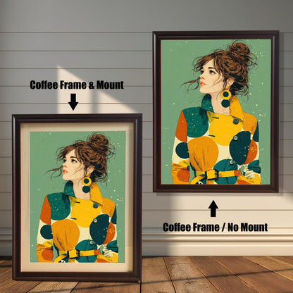 Two framed art prints on a wood floor against a white wall. The left has a coffee-colored frame with a mount, and the right has a coffee-colored frame without a mount. Both feature a portrait of a woman in a colorful coat.