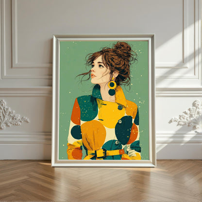 A framed art print with a white frame and no mount leaning against a white paneled wall and resting on a wood floor. The print shows a portrait of a woman in a colorful coat.