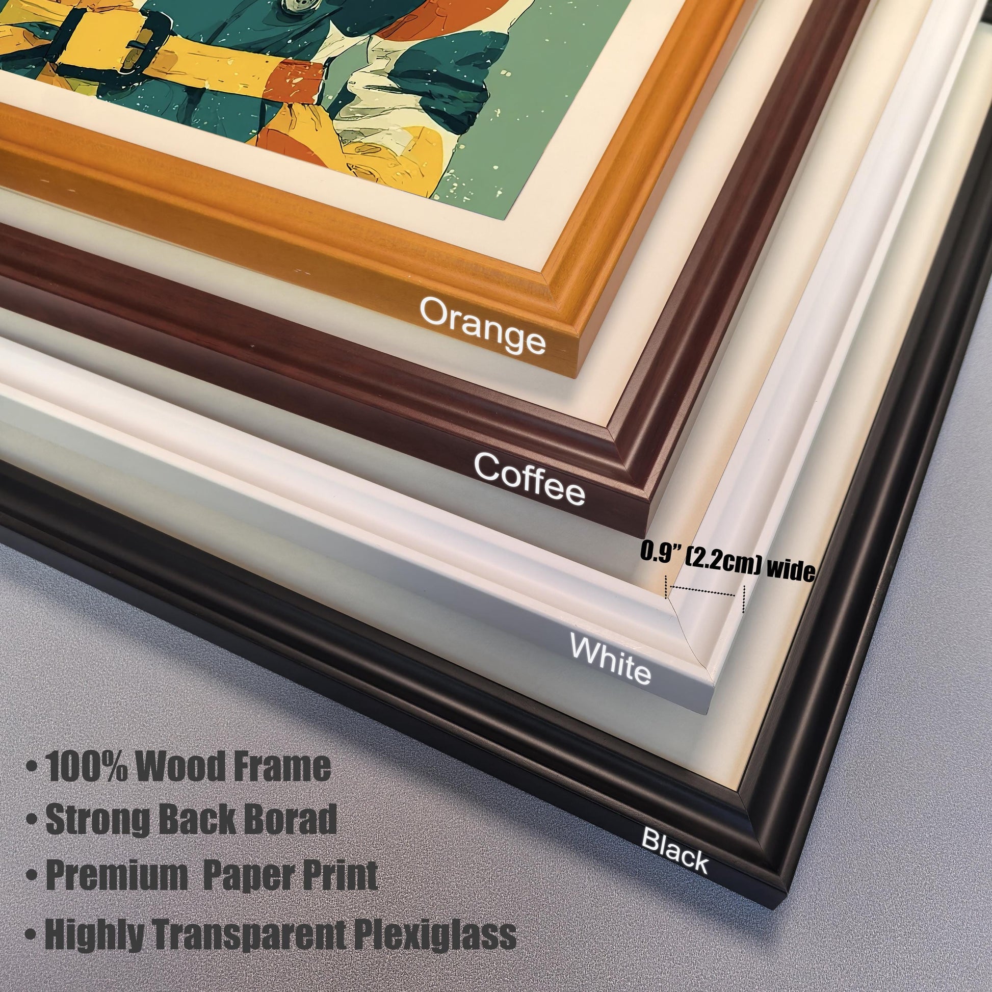 A close-up, angled view of four different frame colors: orange, coffee, white, and black. A ruler indicates the frame width is 0.9 inches. Text below lists product features: wood frame, strong backboard, paper print, and plexiglass.