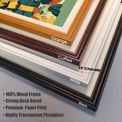 A close-up, angled view of four different frame colors: orange, coffee, white, and black. A ruler indicates the frame width is 0.9 inches. Text below lists product features: wood frame, strong backboard, paper print, and plexiglass.