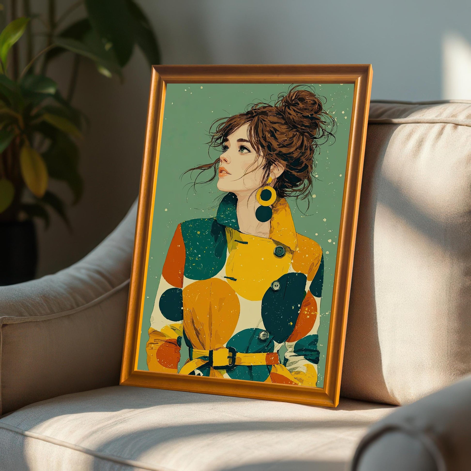 An art print in an orange frame leaning on a beige armchair. The print is a portrait of a woman with a messy bun, wearing a colorful, polka-dot coat and yellow hoop earrings.