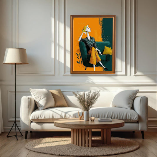 An art print in a brown frame hanging on a white paneled wall above a white couch. The print features a woman sitting on a green couch with a yellow pillow.