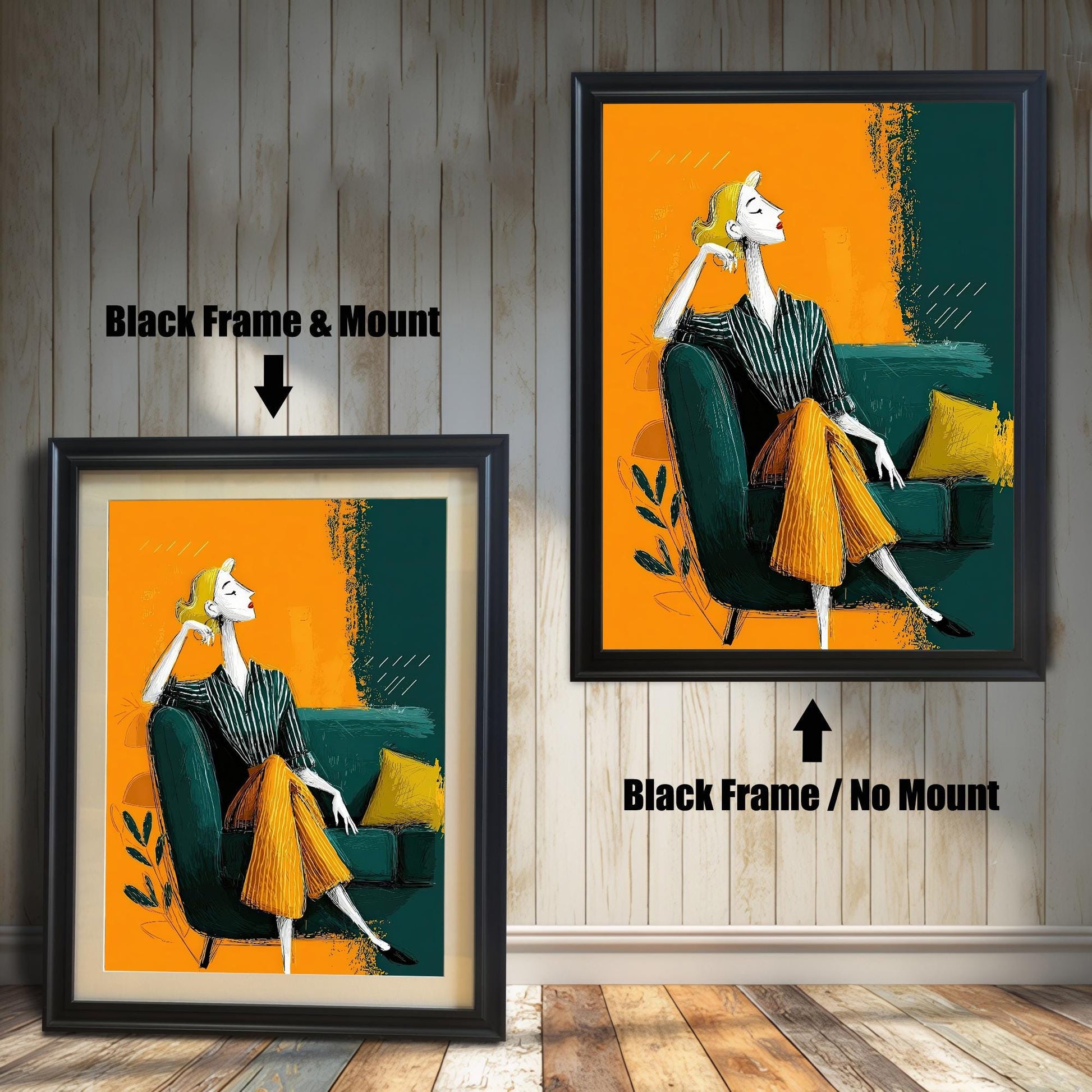 Two wall art prints in black frames on a wood floor. The left version has a mount, and the right version does not. The print features a woman in a striped shirt and yellow pants sitting on a green couch.