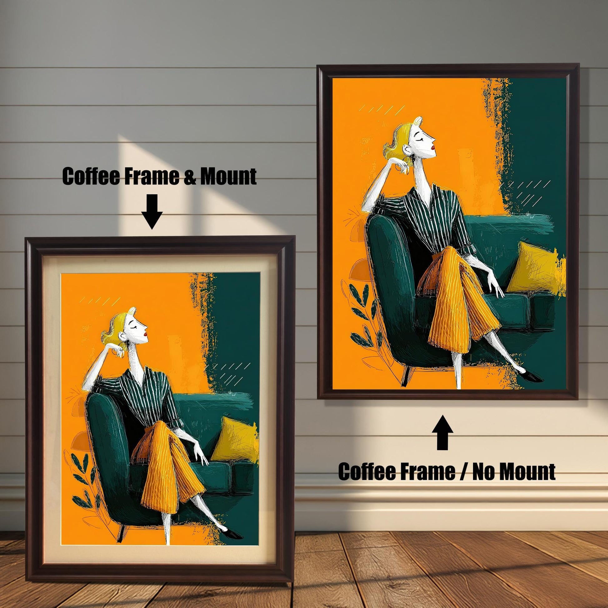 Two wall art prints in coffee-colored frames on a wood floor. The left version has a mount, and the right version does not. The print features a woman in a striped shirt and yellow pants sitting on a green couch.