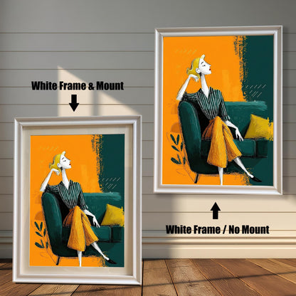 A wall art print in a white frame on a wood floor. The left version has a mount, and the right version does not. The print features a woman in a striped shirt and yellow pants sitting on a green couch against an orange background.