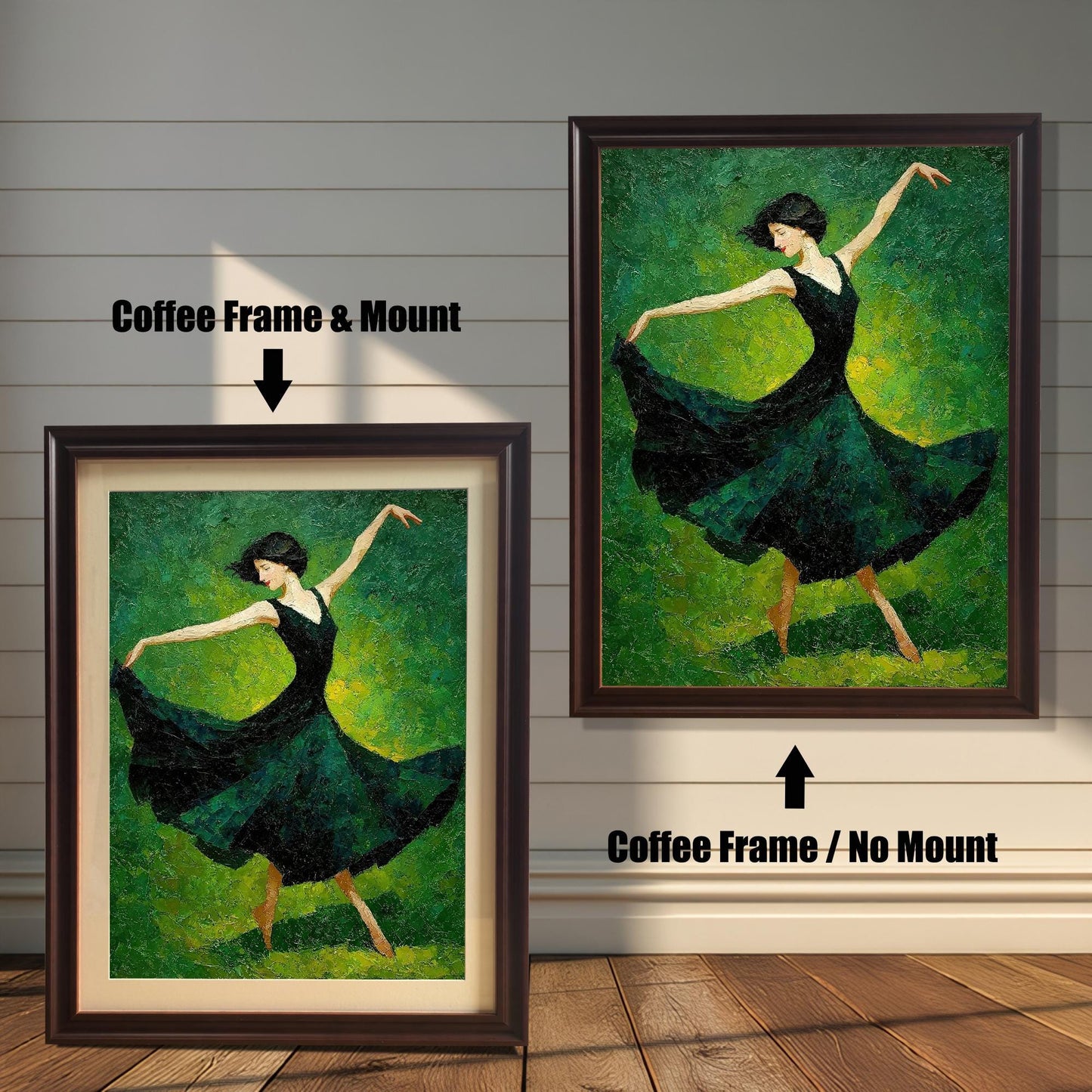 A painting of a female dancer in a dark green dress against a green background. The image shows two framing options: a dark brown "coffee" frame with a white mat and a dark brown frame with no mat.