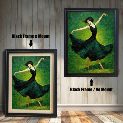A painting of a female dancer in a dark green dress against a green background. The image shows two framing options: a black frame with a white mat and a black frame with no mat.