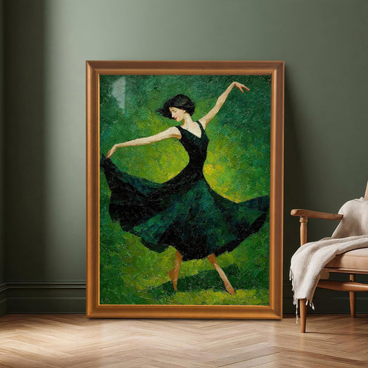 A large framed painting of a dancer in a dark green dress, leaning against a dark green wall next to a wooden chair with a blanket. The frame is a light brown wood.