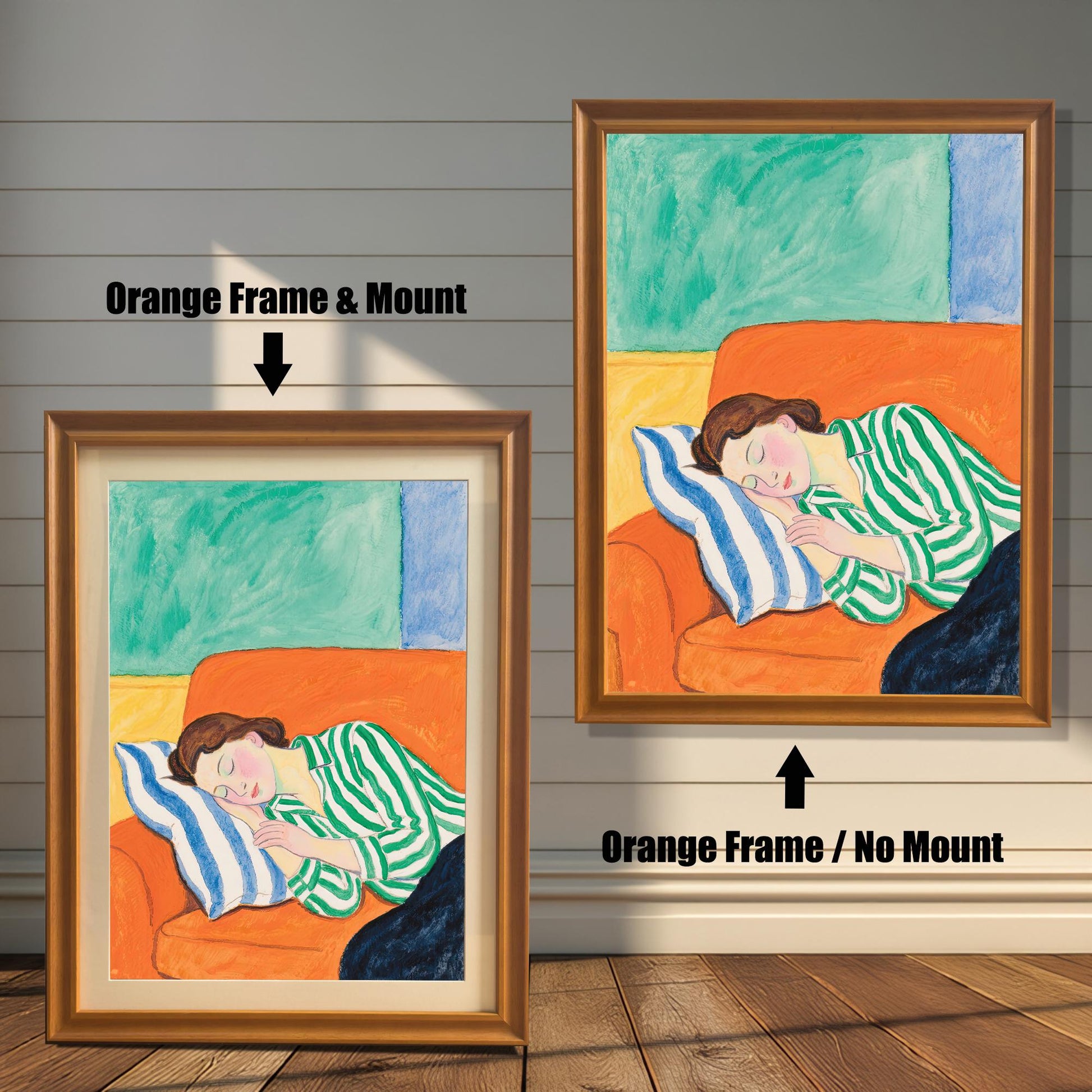 A painting of a woman sleeping on an orange sofa with a blue and white striped pillow. The image shows two framing options: a light brown "orange" frame with a white mat and a light brown frame with no mat.
