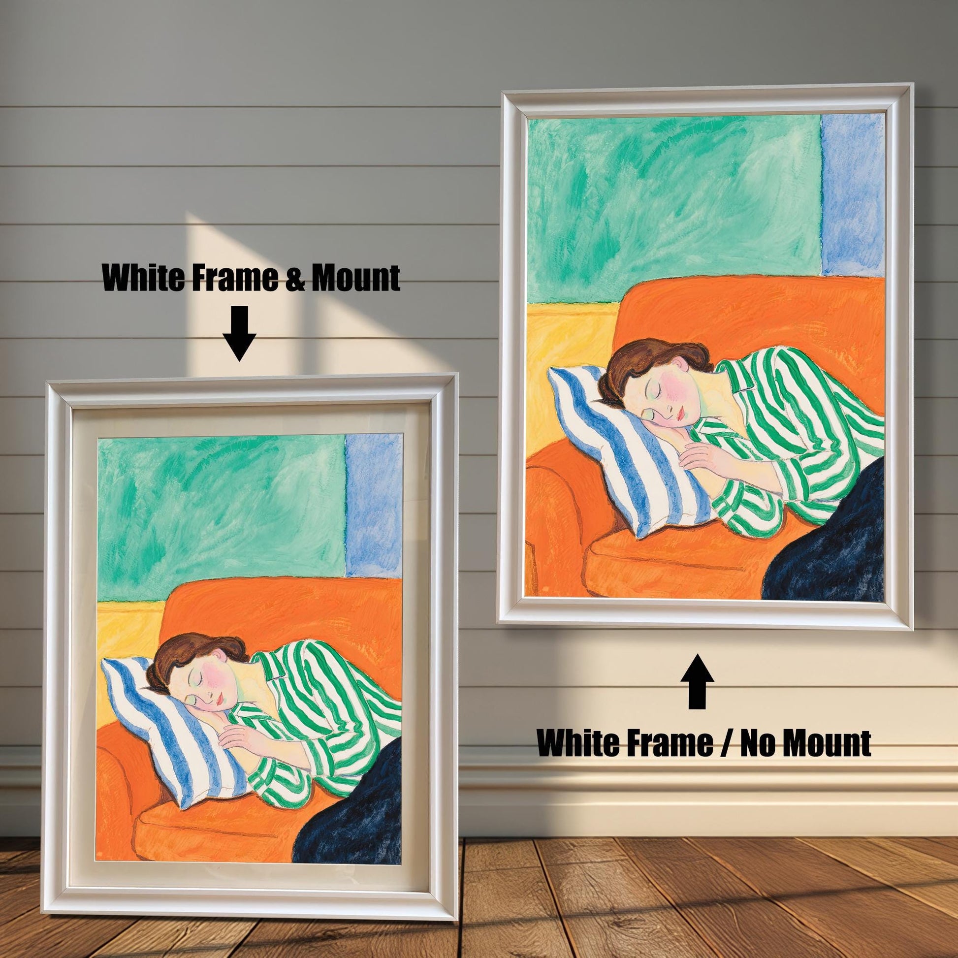 A painting of a woman sleeping on an orange sofa with a blue and white striped pillow. The image shows two framing options: a white frame with a white mat and a white frame with no mat.
