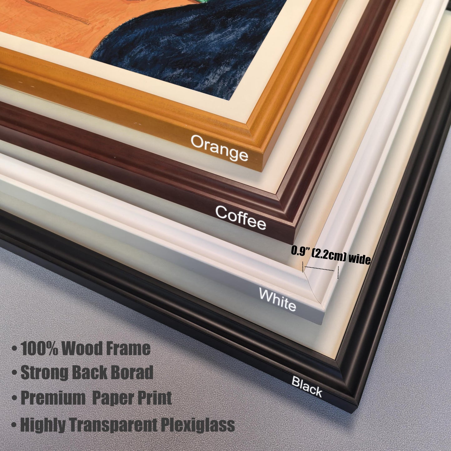 A close-up of four different wood picture frames, stacked to show the corner and side profile of each. The colors are orange, coffee, white, and black, with dimensions listed as 0.9" (2.2cm) wide.