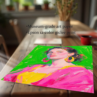 A close-up shot of an unframed print on a wooden table. The text highlights its quality: "Museum-grade art paper" and "Epson 12-color giclee print."
