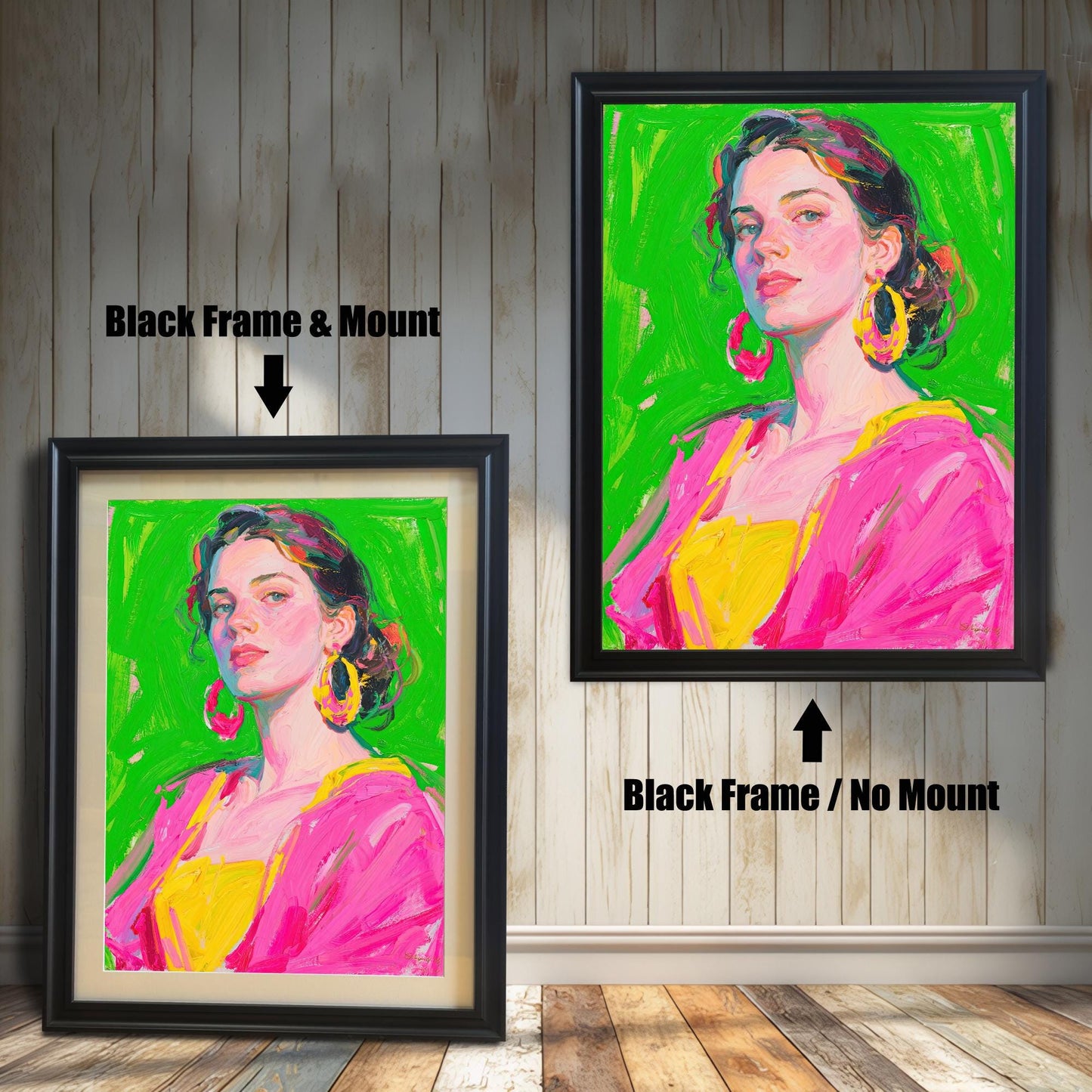 Two framed art pieces are shown side by side against a paneled wall. One is a "Black Frame & Mount," and the other is a "Black Frame / No Mount," demonstrating the effect of a mat.