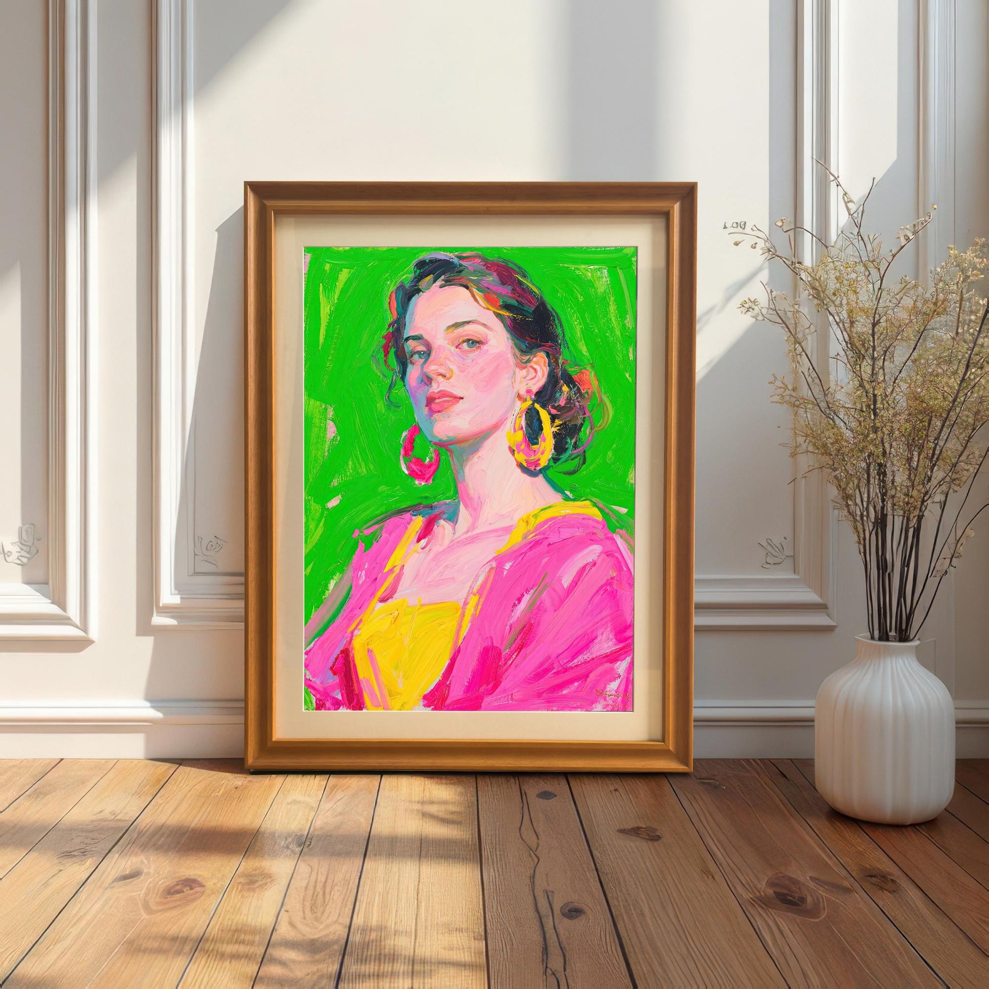 A large, framed portrait with a gold frame is shown leaning against a white paneled wall. The frame sits on a light wood floor next to a white vase with dried plants.