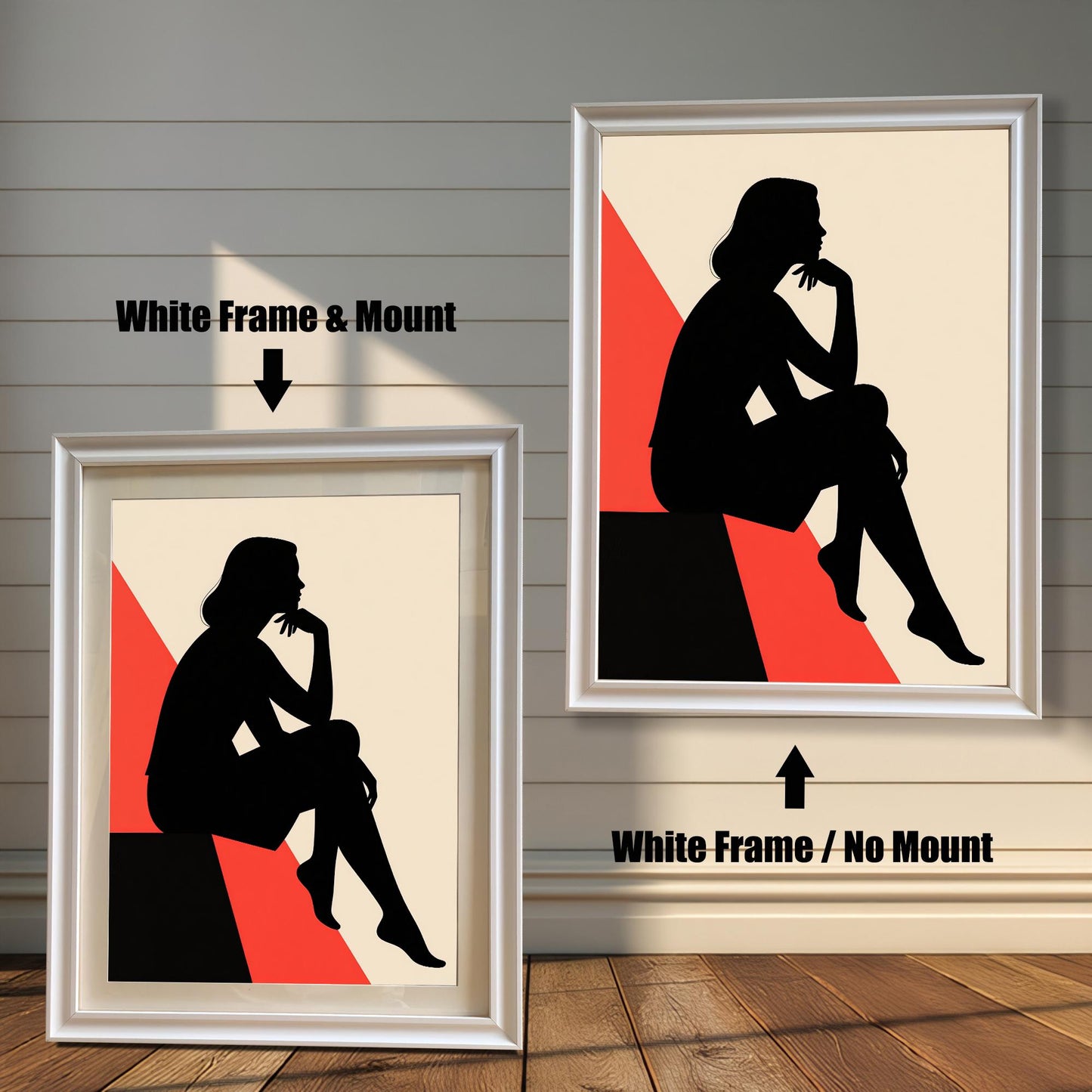 Two white-framed art pieces are shown side by side against a paneled wall. One is labeled "White Frame & Mount," and the other is "White Frame / No Mount," showing the effect of a mat.