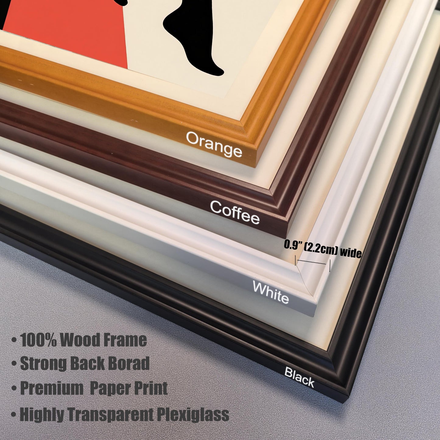A detailed close-up of four different wood frames in various colors: orange, coffee, white, and black. Text lists features like a 100% wood frame and a transparent plexiglass cover.