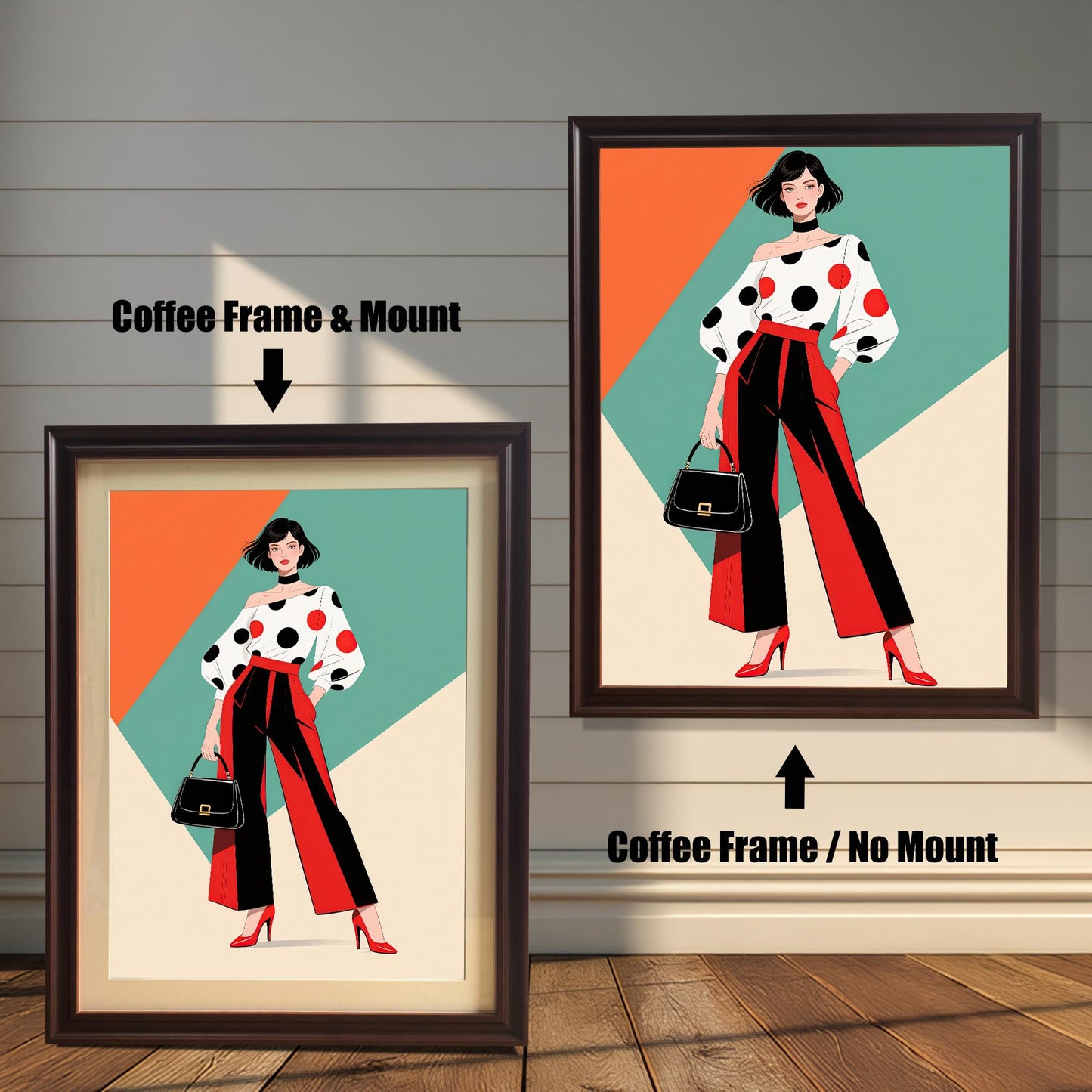 Two framed prints are shown side by side. One is a "Coffee Frame & Mount," and the other is a "Coffee Frame / No Mount," showing the effect of a mat.