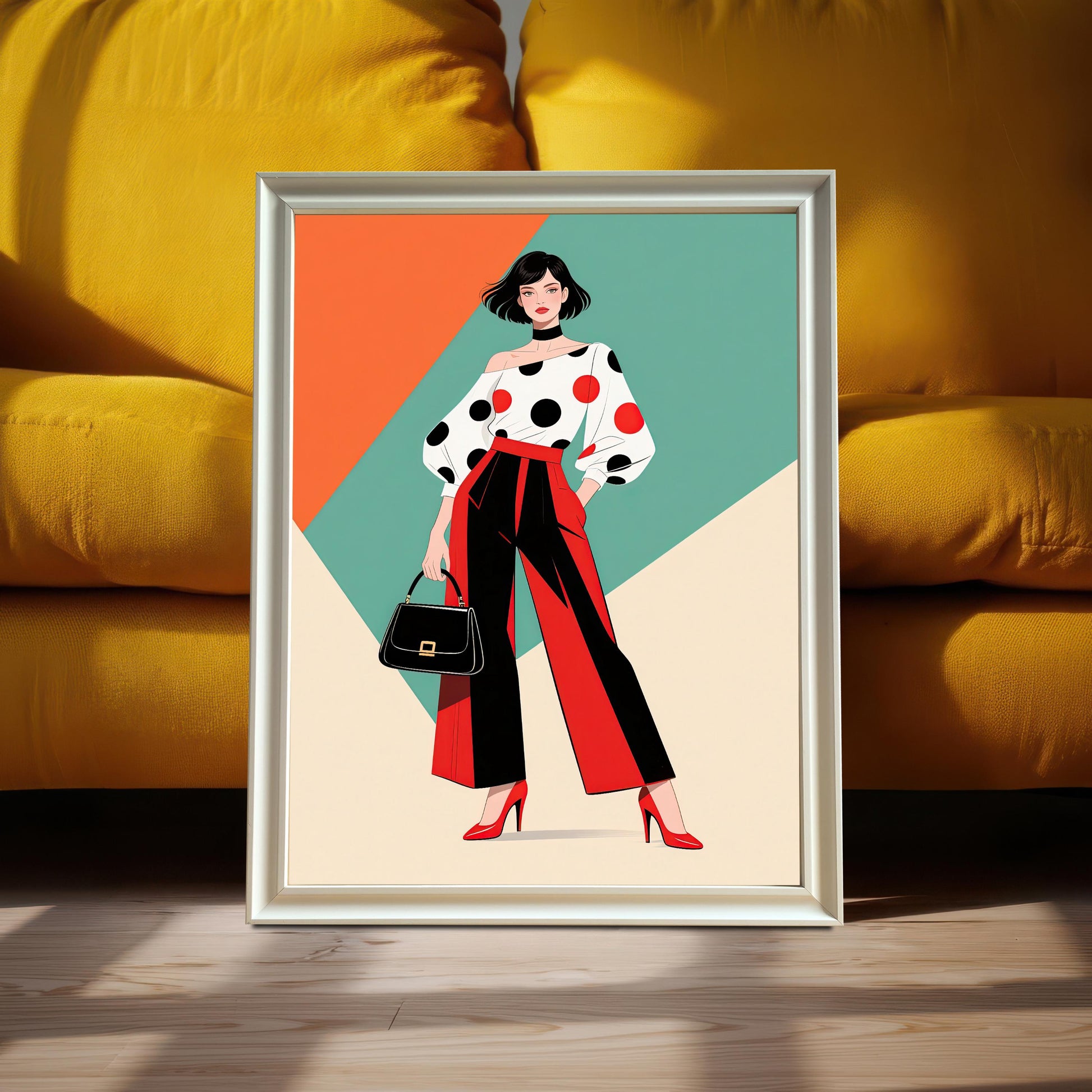 A white-framed art piece leans against a vibrant yellow couch. The print shows a woman in a polka-dot blouse and red pants.
