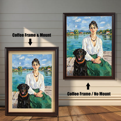 Two framed oil paintings of a woman and a black dog. One has a coffee-colored frame and a white mat, labeled "Coffee Frame & Mount." The other, labeled "Coffee Frame / No Mount," has a coffee-colored frame with no mat.
