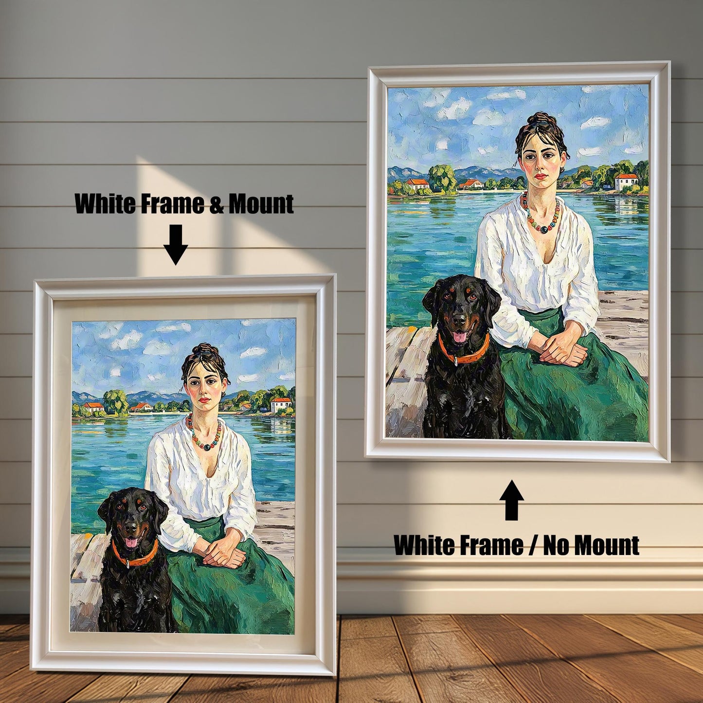 Two framed oil paintings of a woman and a black dog. One has a white frame and a white mat, labeled "White Frame & Mount." The other, labeled "White Frame / No Mount," has a white frame with no mat.