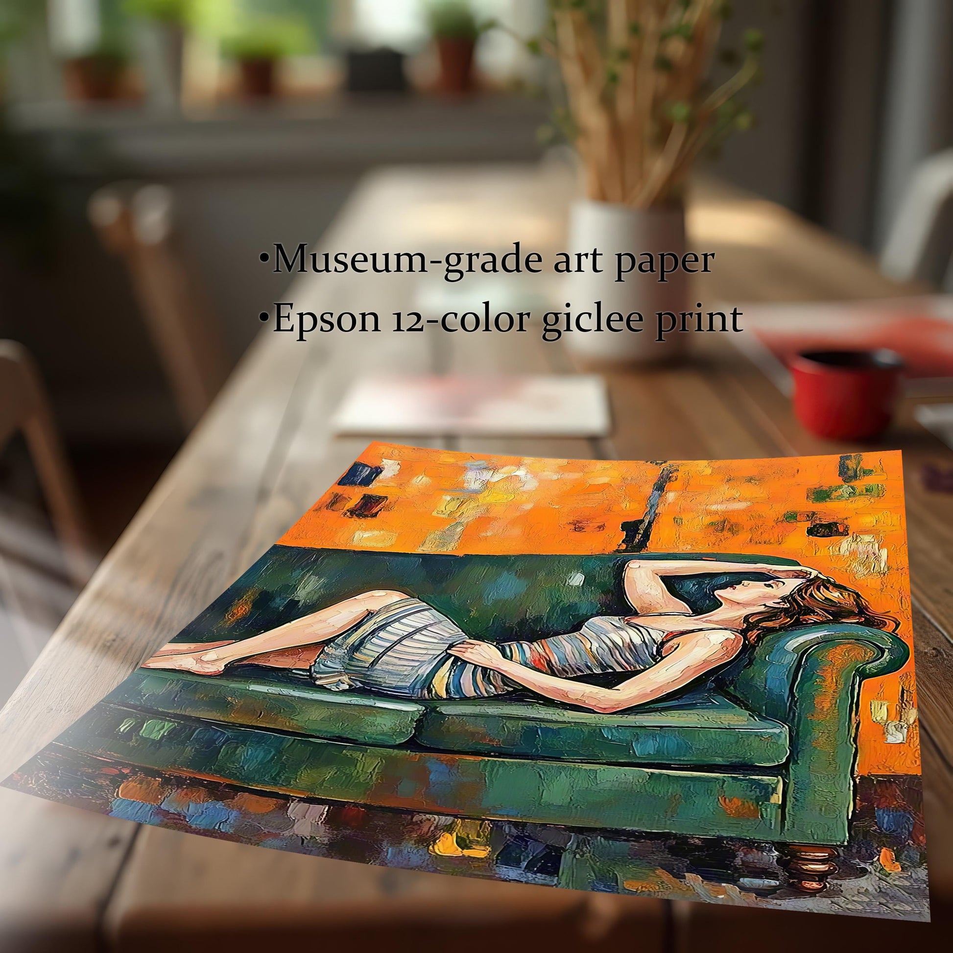 An unframed art print on a wooden table. The text highlights its quality: "Museum-grade art paper" and "Epson 12-color giclee print."
