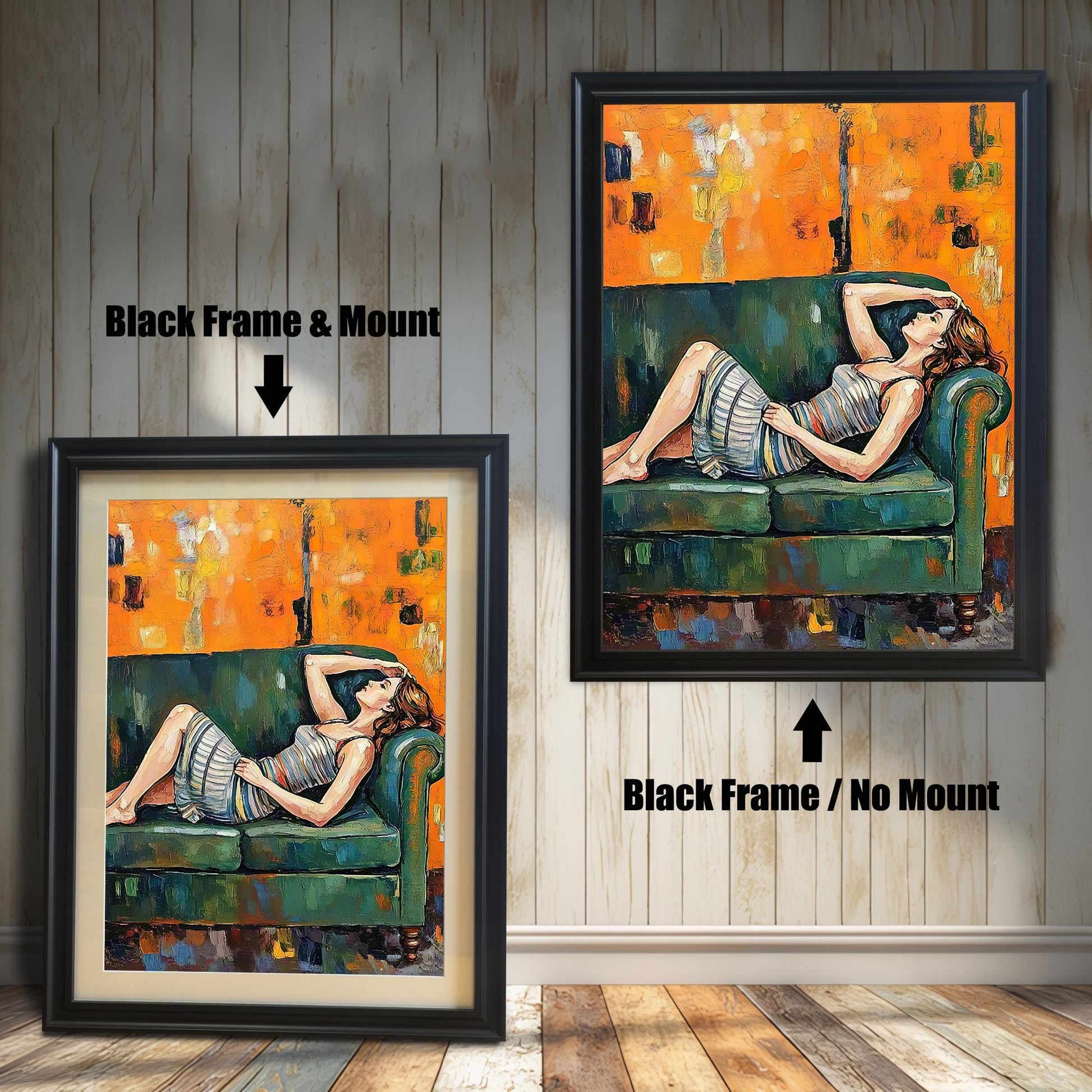 Two black-framed paintings are shown side by side against a paneled wall. One is a "Black Frame & Mount," and the other is a "Black Frame / No Mount," demonstrating the effect of a mat.