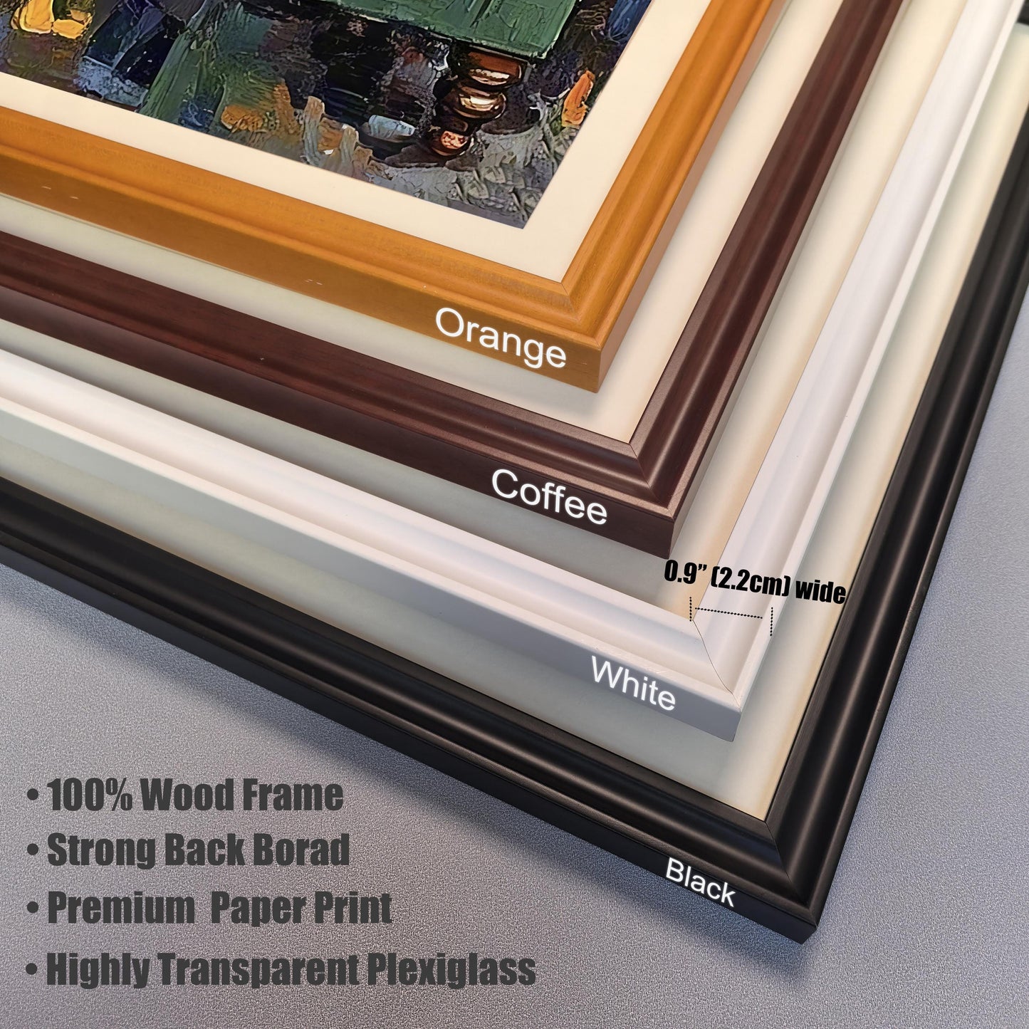 A detailed close-up of four different wood frames in various colors: orange, coffee, white, and black. A ruler indicates the frame width is 0.9 inches.
