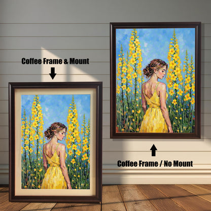 Two framed oil paintings of a woman in a yellow dress among flowers. One, labeled "Coffee Frame & Mount," has a coffee-colored frame with a mat. The other, labeled "Coffee Frame / No Mount," has a coffee-colored frame with no mat.