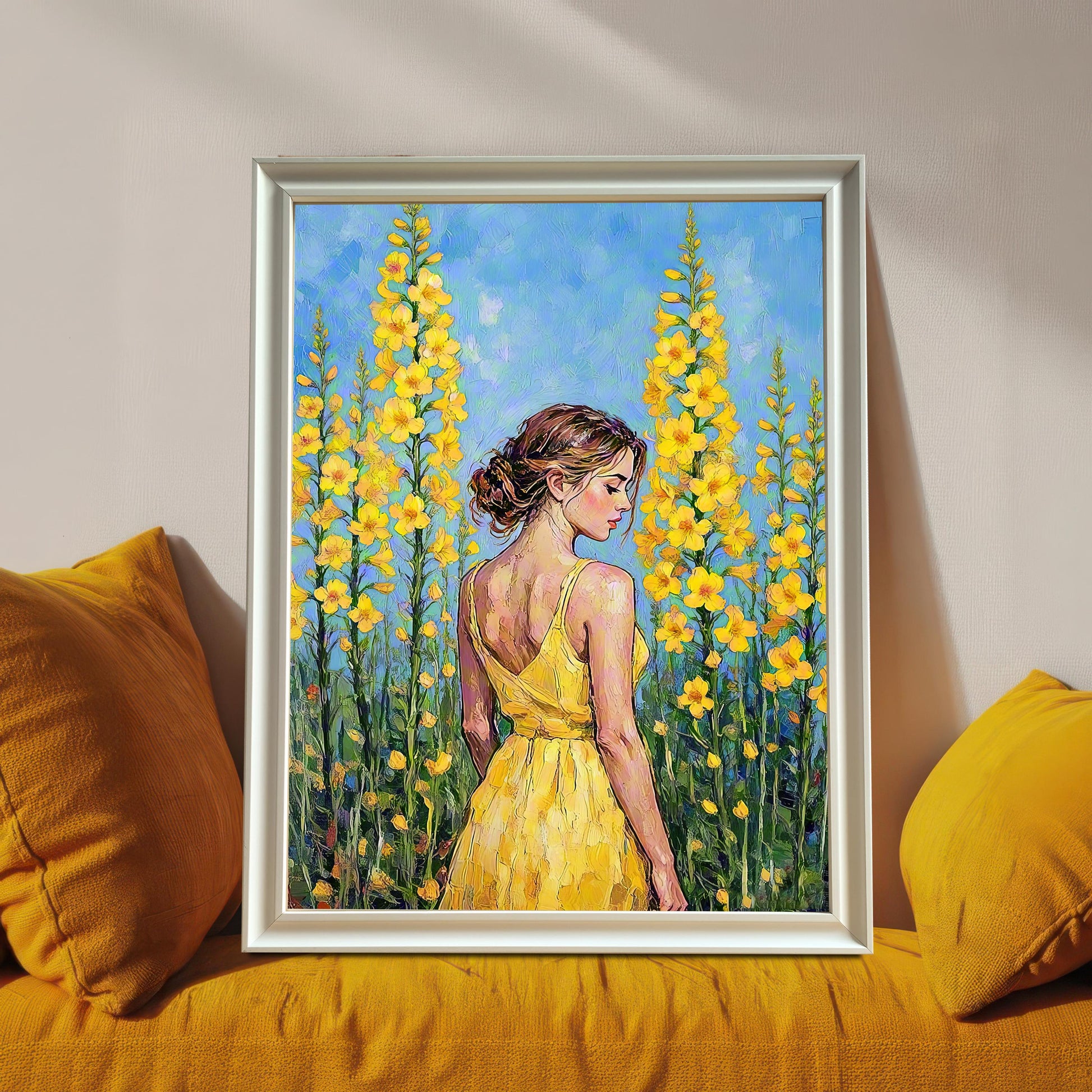 An oil painting of a woman in a yellow dress standing among tall yellow flowers, in a white frame, leaning against a yellow couch with yellow pillows.