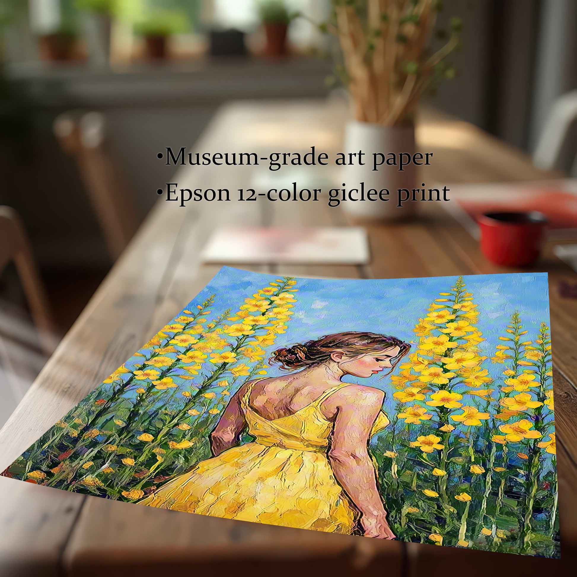 A loose art print of a woman in a yellow dress among flowers, lying on a wooden table. Overlaid text reads "Museum-grade art paper" and "Epson 12-color giclee print."