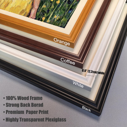 A close-up of four different frame corners, stacked to show the style and width. The frames are labeled Orange, Coffee, White, and Black. Text indicates the frames are 0.9" wide.