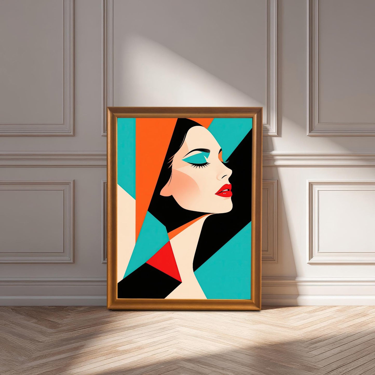 An abstract portrait of a woman in an orange frame leaning against a white paneled wall. Sunlight streams across the bottom of the image.