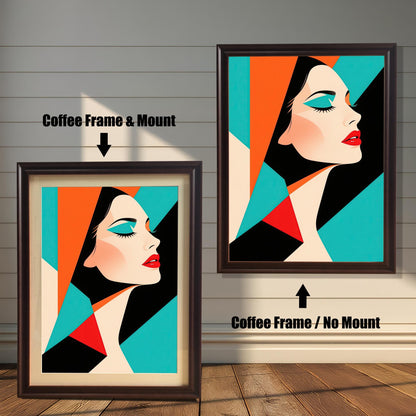 Two versions of an abstract portrait with a woman in a coffee brown frame. The one on the left has a mat, and the one on the right has no mat.