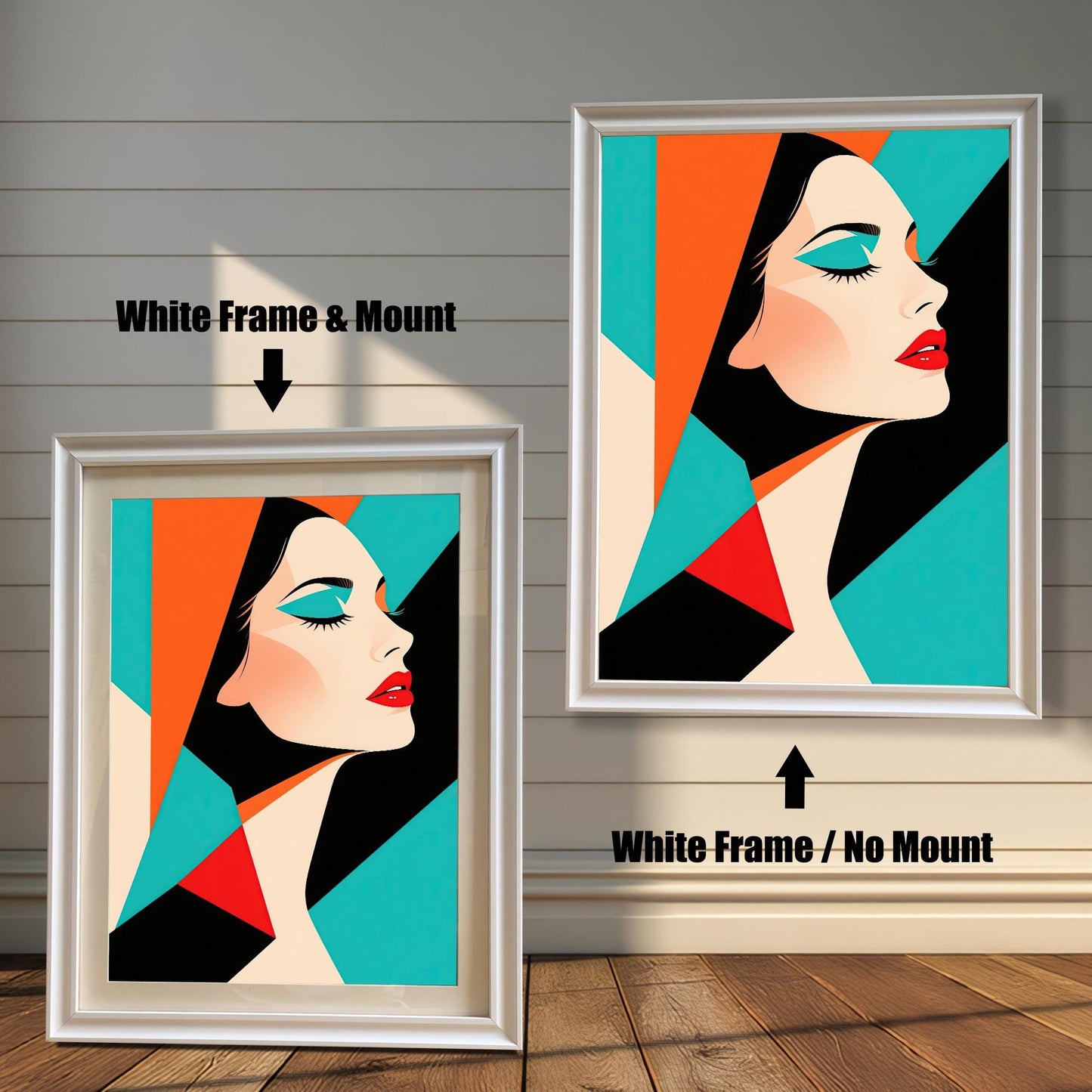 Two versions of an abstract portrait with a woman in a white frame. One on the left has a white mat, and the other on the right has no mat.