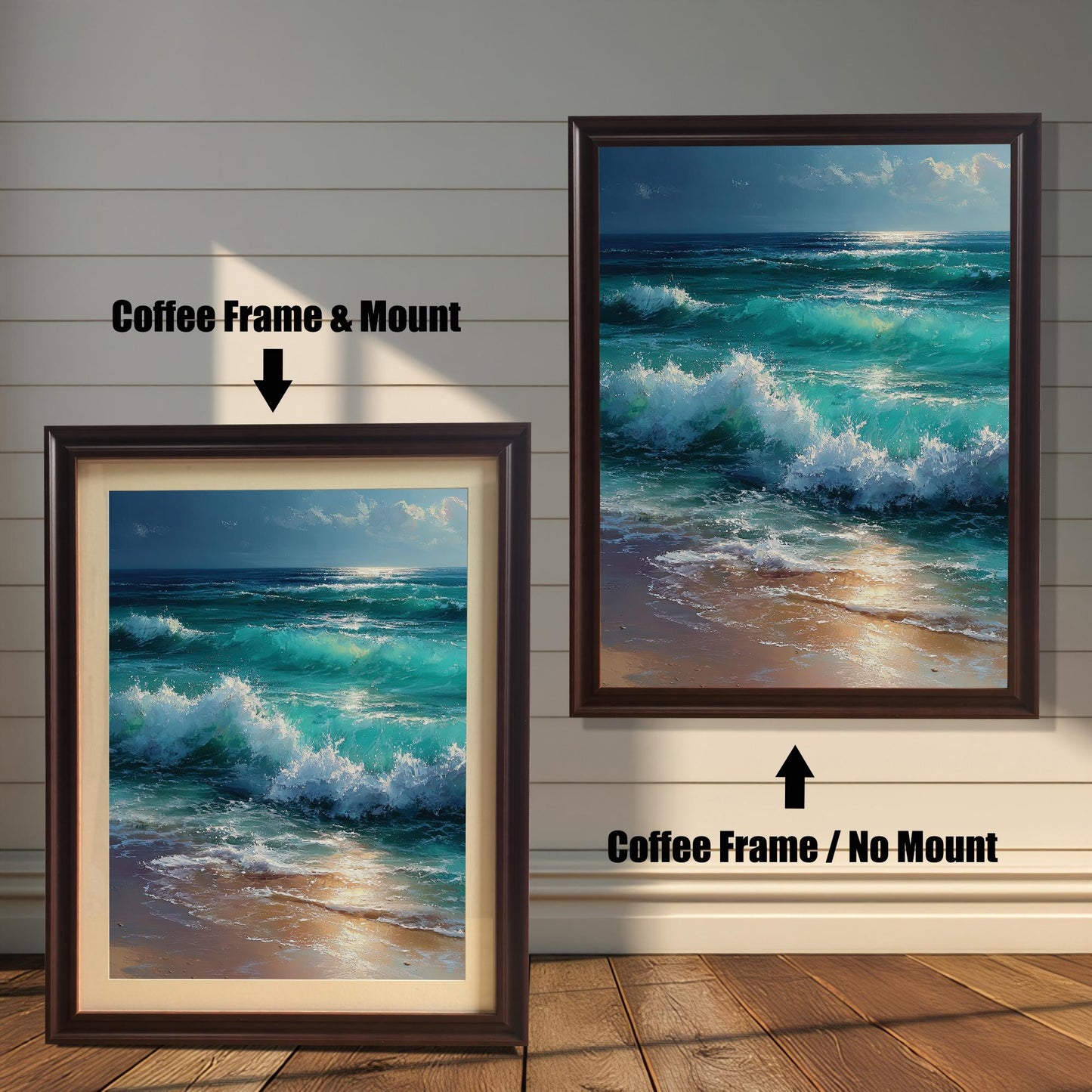 Two versions of a painting of ocean waves in a coffee brown frame. The one on the left has a mat, and the one on the right has no mat.