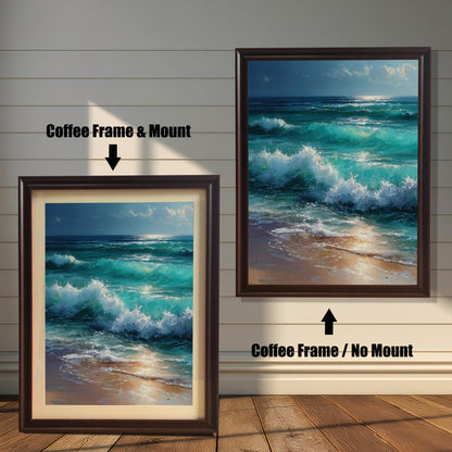 Two versions of a painting of ocean waves in a coffee brown frame. The one on the left has a mat, and the one on the right has no mat.