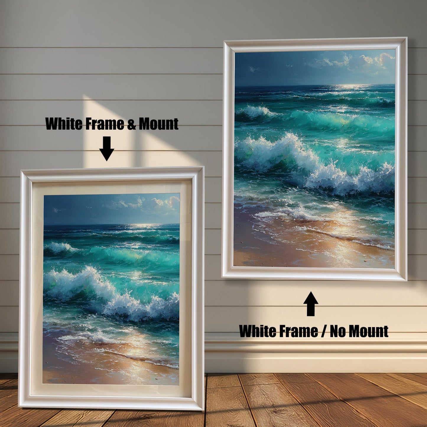 Two versions of a painting of ocean waves in a white frame. The one on the left has a mat, and the one on the right has no mat.