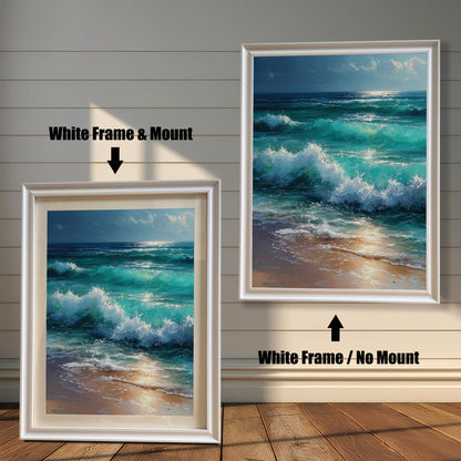 Two versions of a painting of ocean waves in a white frame. The one on the left has a mat, and the one on the right has no mat.