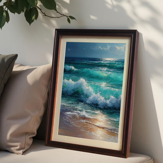 A painting of turquoise ocean waves crashing on a beach is leaning against a light gray couch with pillows. The frame is a dark coffee brown.