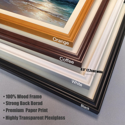 A close-up view of four stacked wood picture frames: orange, coffee brown, white, and black. Text lists features such as "100% Wood Frame" and "Highly Transparent Plexiglass."