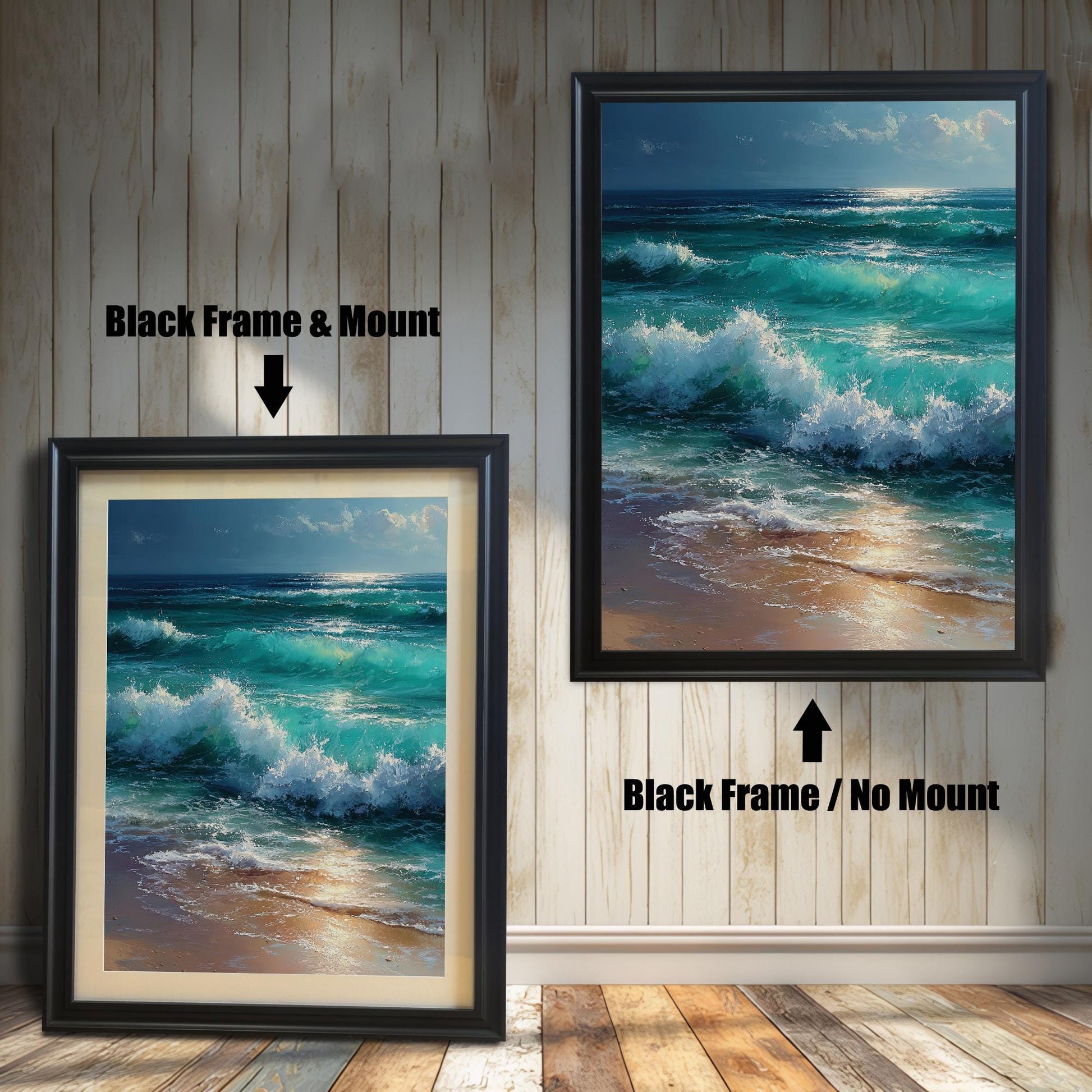 Two versions of a painting of ocean waves in a black frame. The one on the left has a light-colored mat, and the one on the right has no mat.