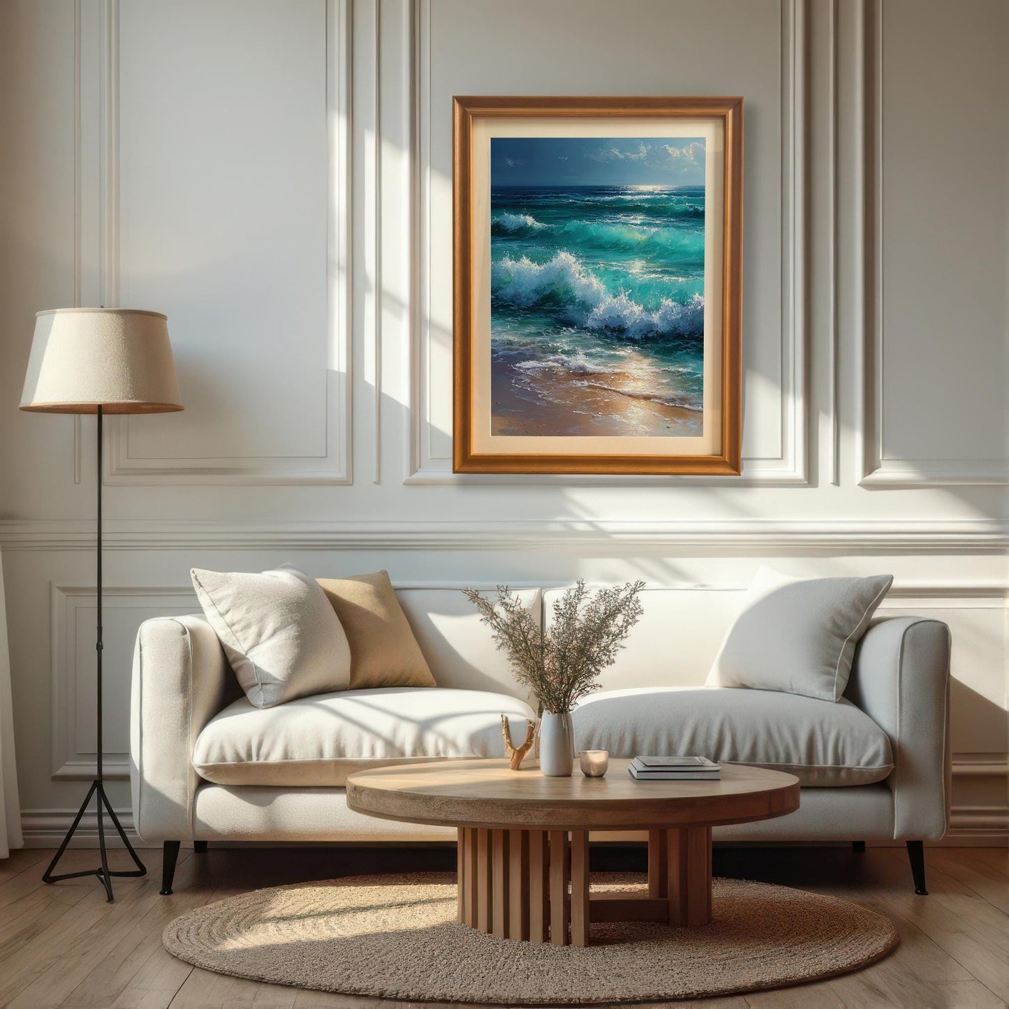 A painting of turquoise ocean waves is hanging on a paneled white wall above a white couch. The artwork is in an orange-brown frame.