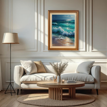 A painting of turquoise ocean waves is hanging on a paneled white wall above a white couch. The artwork is in an orange-brown frame.