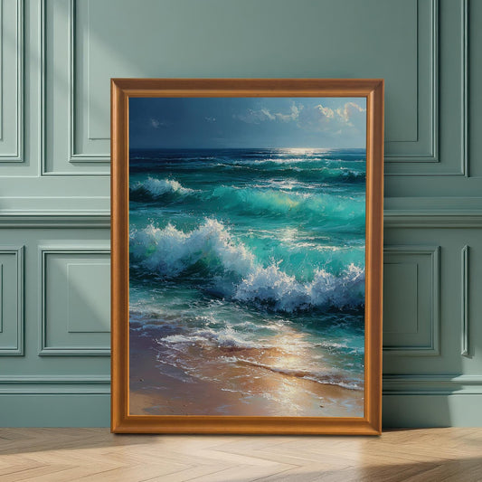 A painting of turquoise ocean waves in an orange-brown frame is leaning against a green paneled wall.