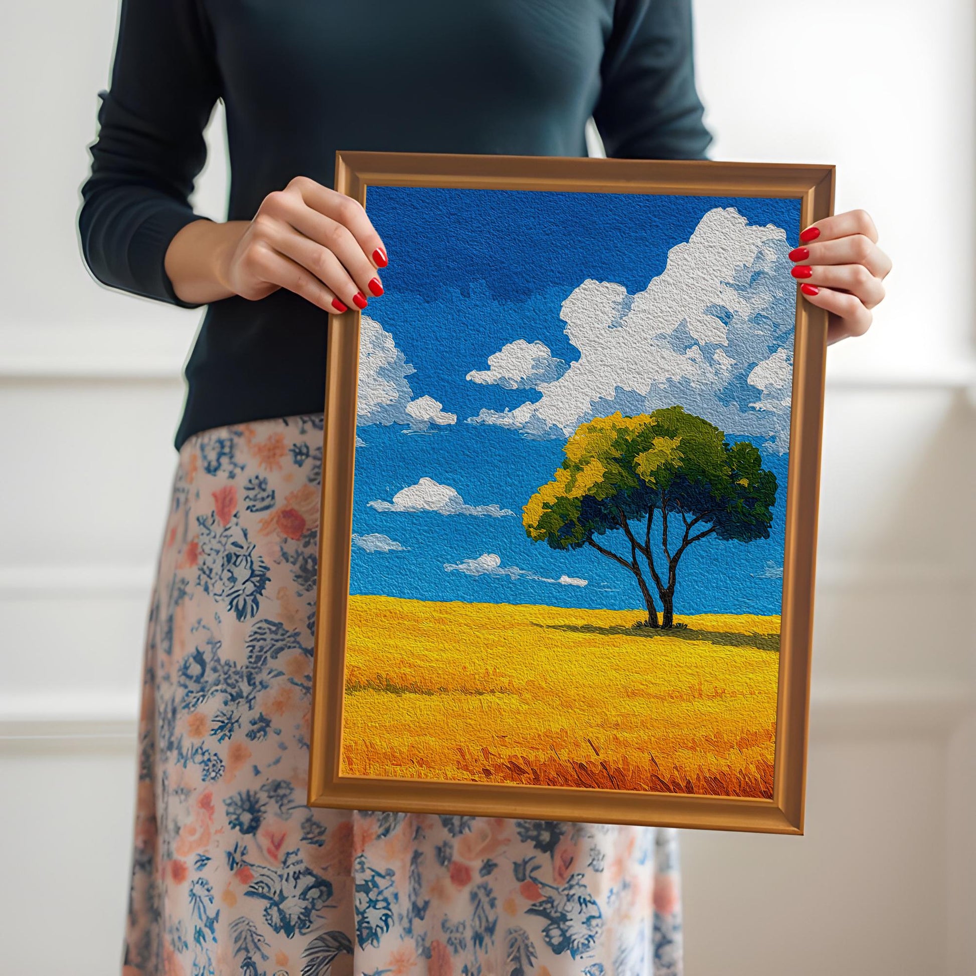 A person in a black long-sleeve shirt and a floral skirt holds an orange-brown wood-framed print of a tree in a field.