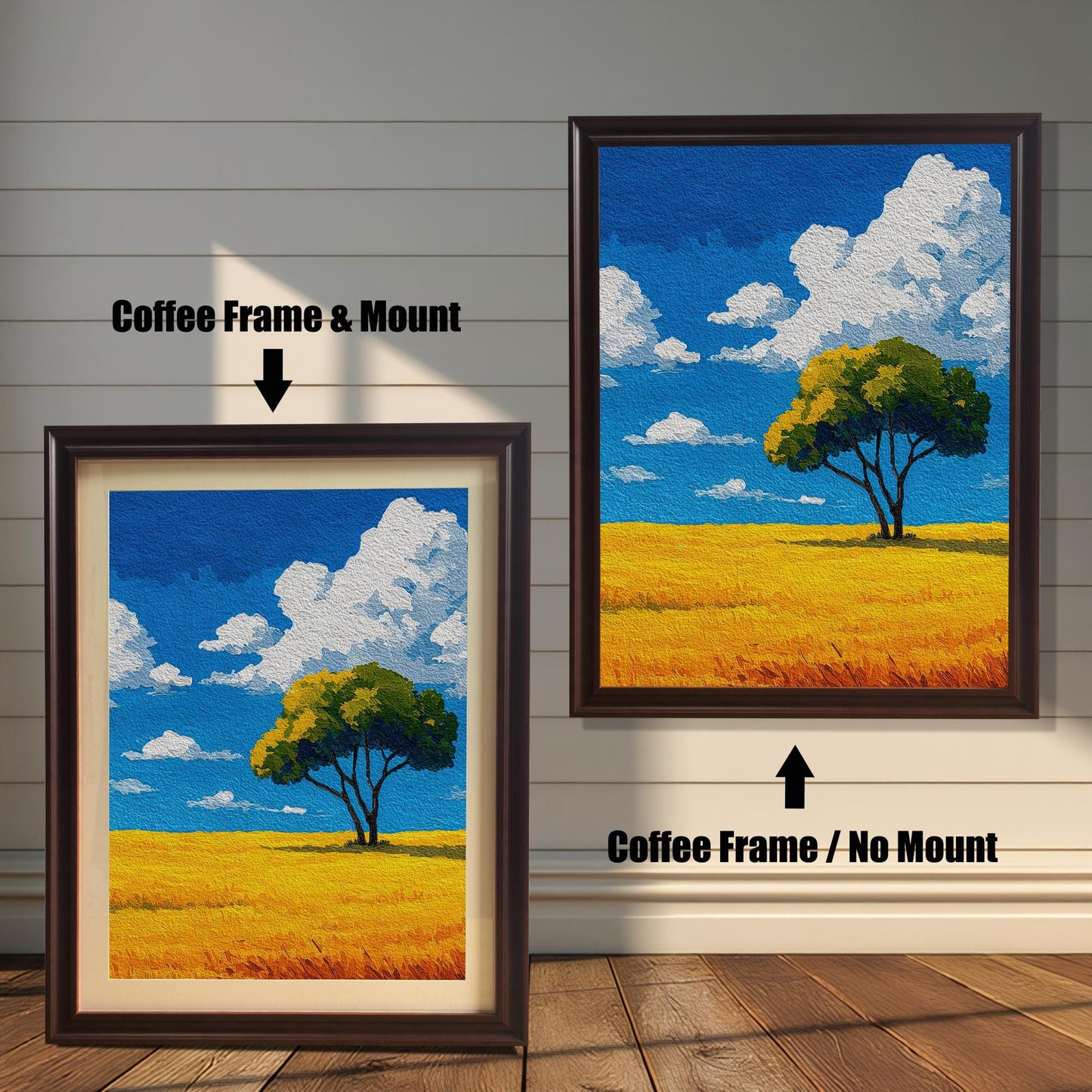 Two versions of a painting of a tree in a field in a coffee brown frame. The one on the left has a light-colored mat, and the one on the right has no mat.