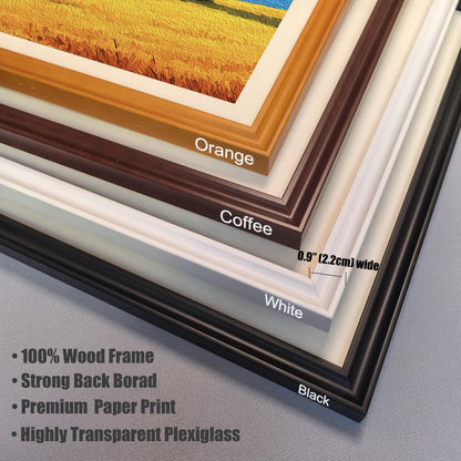 Close-up of four wood picture frames stacked: orange, coffee brown, white, and black. The text lists features like "100% Wood Frame," "Strong Back Borad," "Premium Paper Print," and "Highly Transparent Plexiglass."